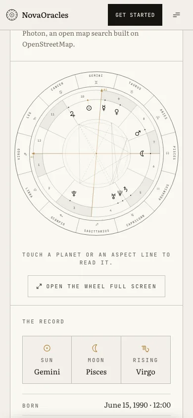 The NovaOracles birth chart tool on a phone: the chart wheel and the Sun, Moon and rising sign for a sample birth date