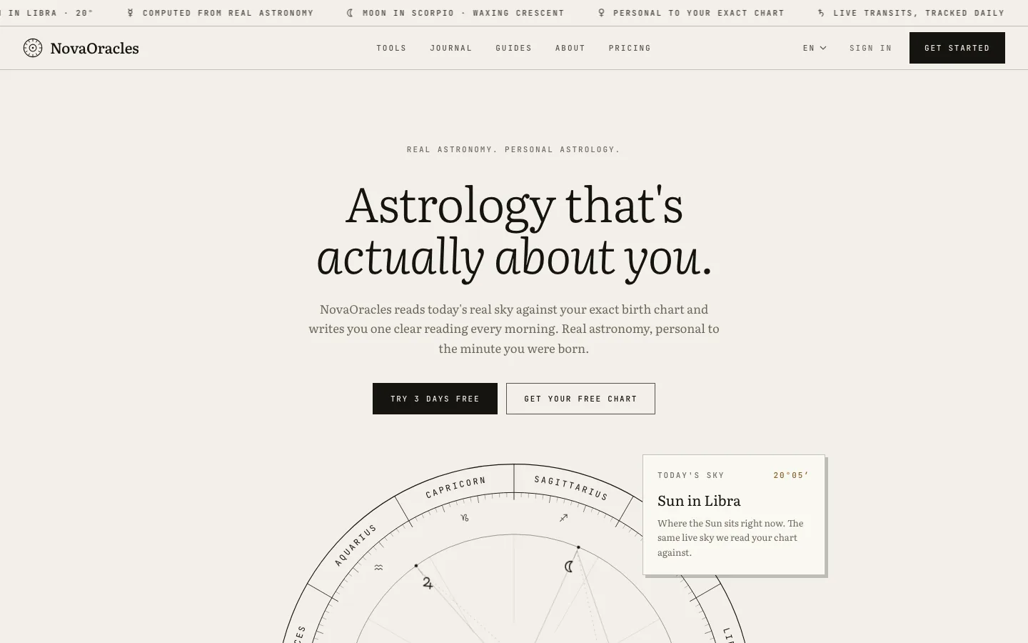 NovaOracles home page with the headline Astrology that's actually about you, two buttons and the top of a natal chart wheel