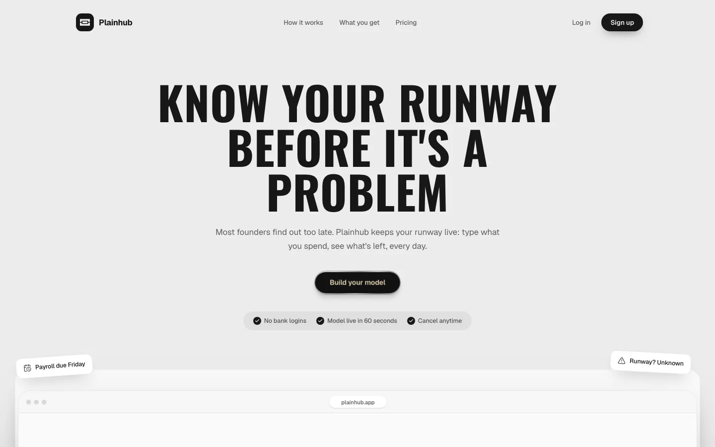 Plainhub home page with the headline Know your runway before it's a problem and a Build your model button