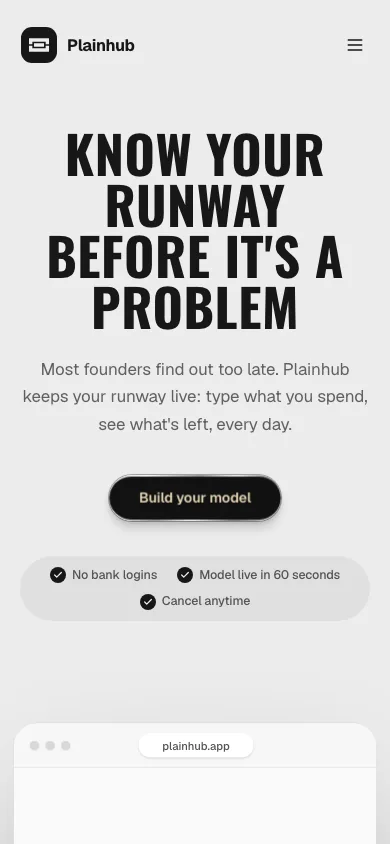 The Plainhub home page on a phone with its headline and call to action